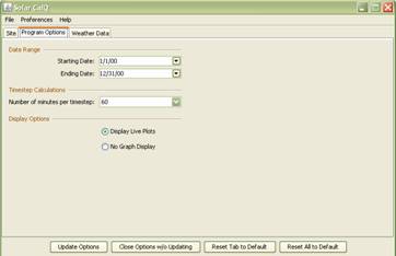 SolarCalQ "Program Options" Tab
